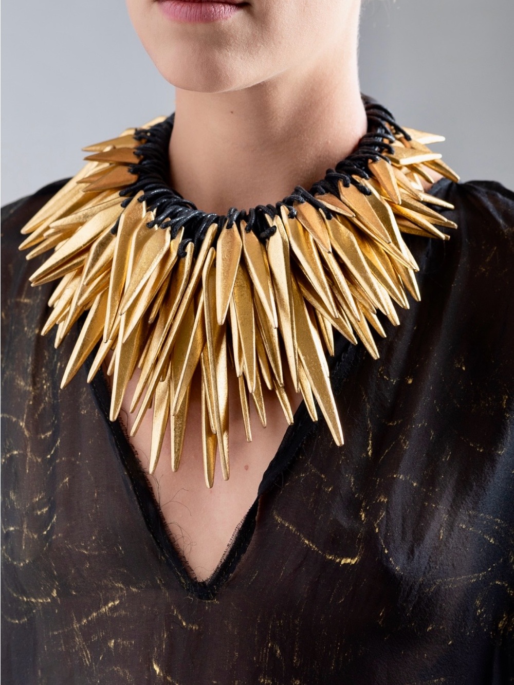 Monies Denmark Leather Gold Foil Spike Necklace Runway Wearable Art $1595 - Picture 9 of 11